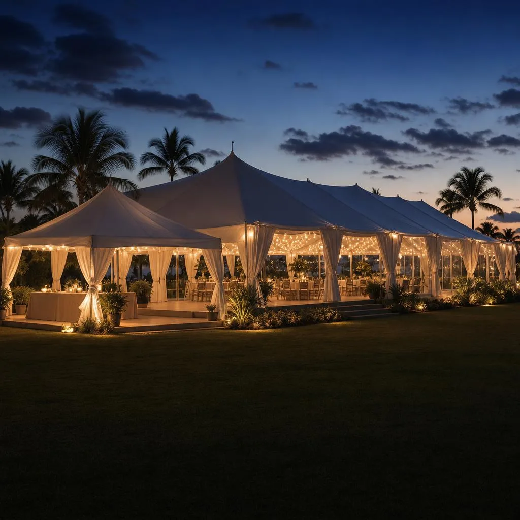 Illuminated white event tent on a lawn at dusk